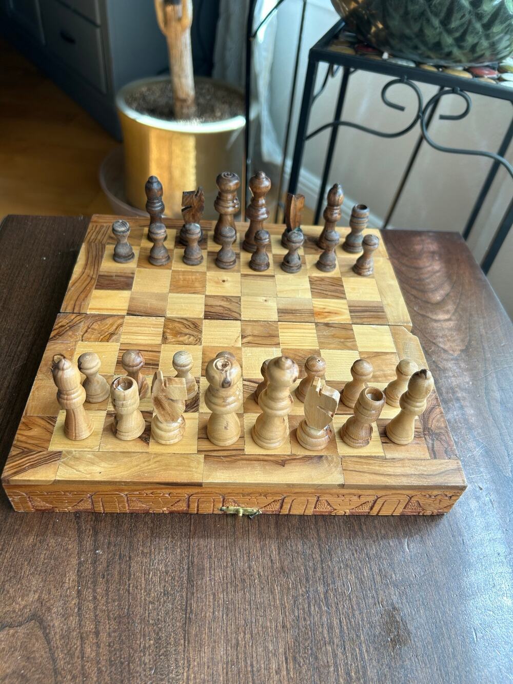 Small wood wooden handmade carved vintage chest set box travel